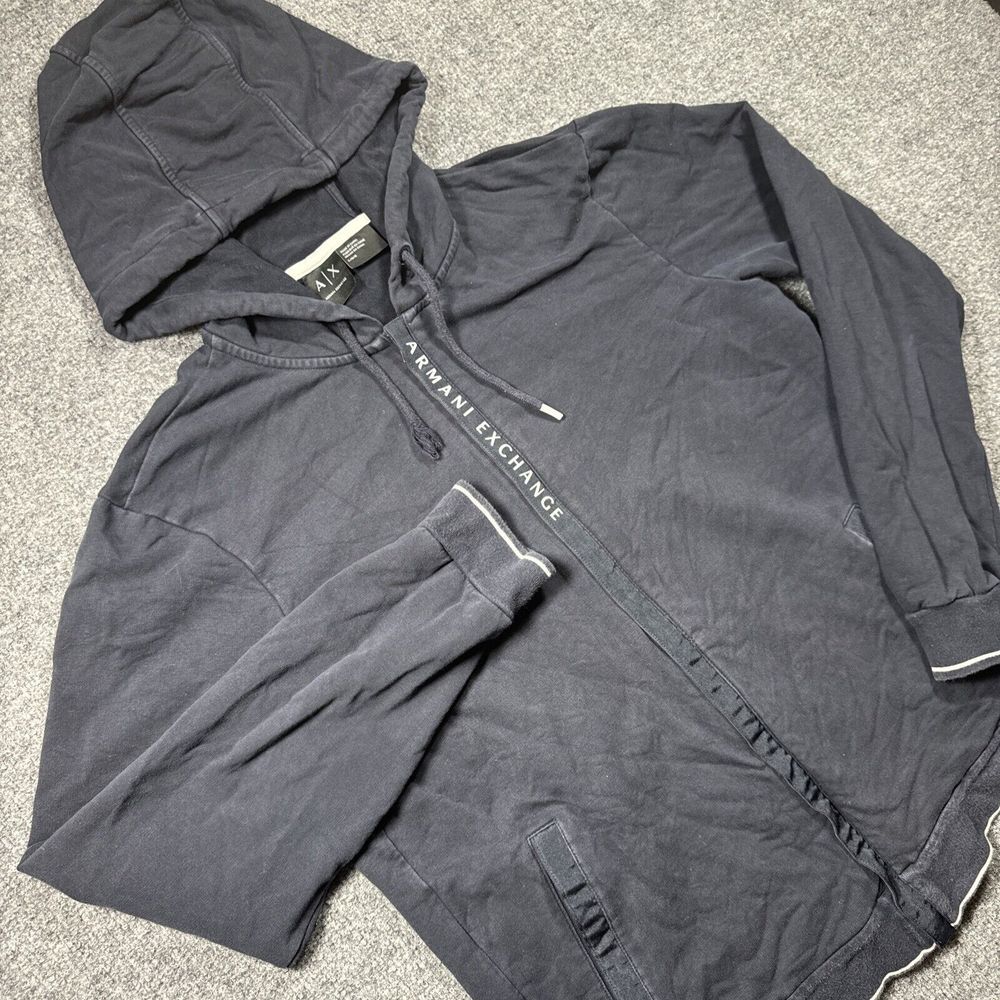 Armani Exchange Hoodie Men's Large‎ Black Cotton Stretch Full Zip Long Sleeve